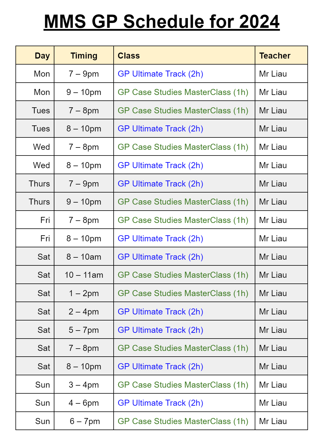 Schedule - General Paper (GP) Tuition